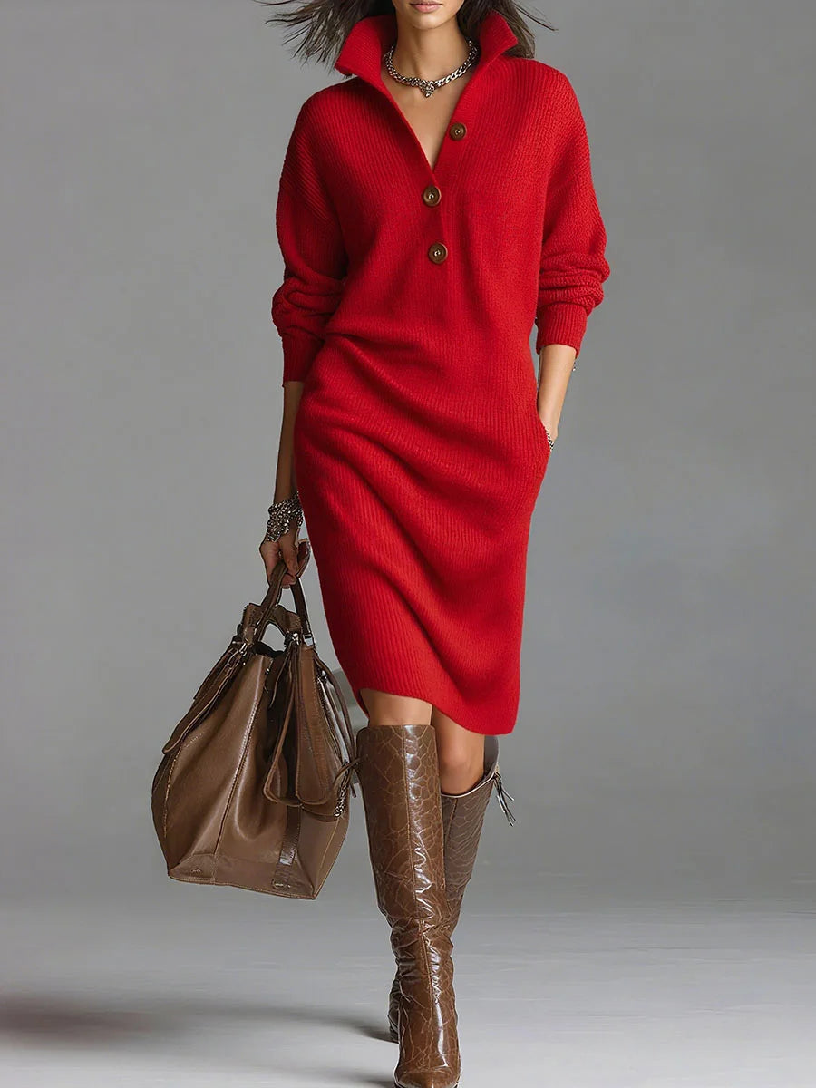 Loose Knit Dress with Stand Collar and Long Sleeves in Solid Color