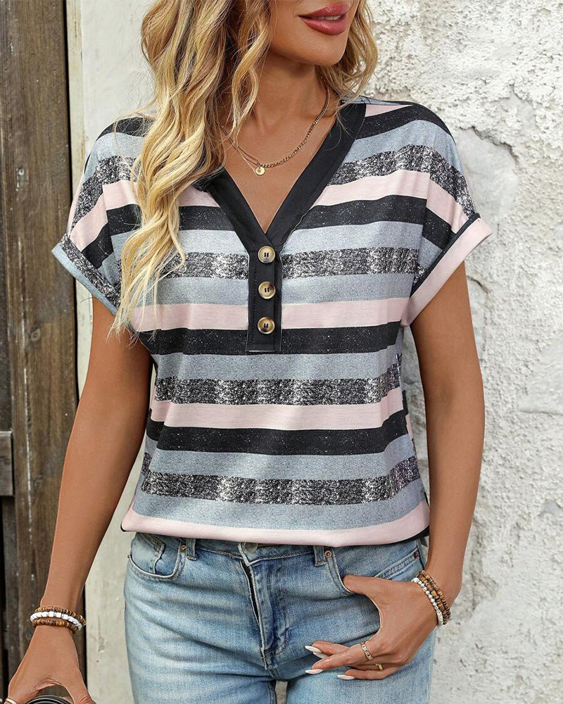 Striped V-Neck T-Shirt with Three Button Detail