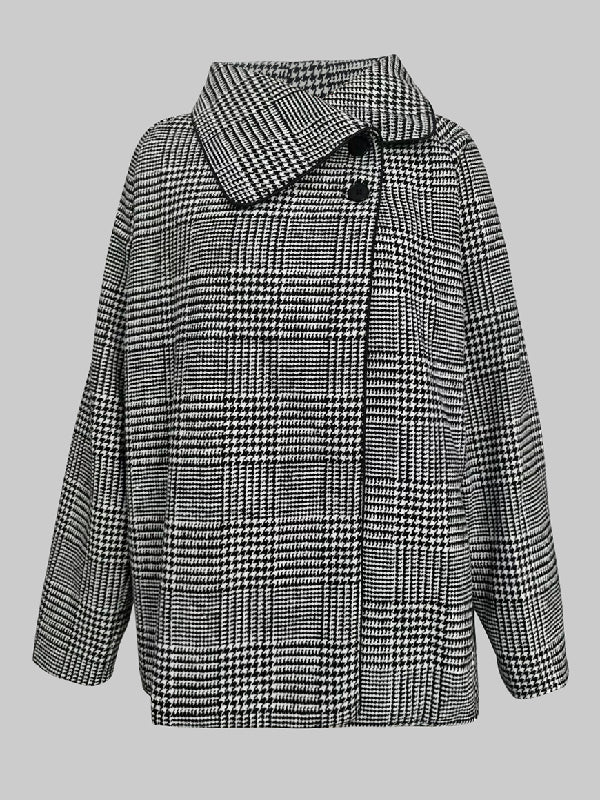 Asymmetric Houndstooth Plaid Jacket with Long Sleeves and Stand Collar