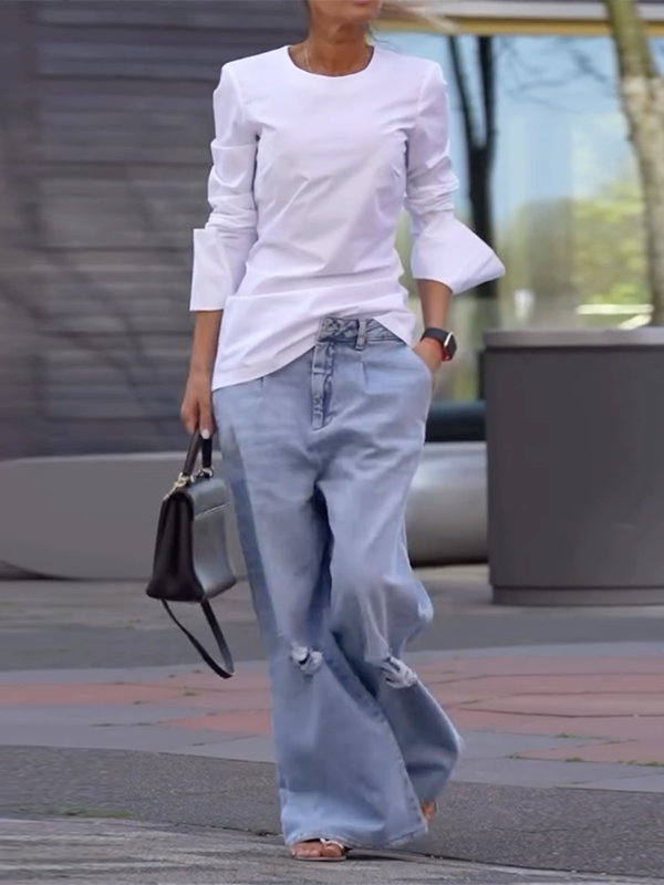 Relaxed Fit Long Sleeve Solid Color Round Neck T-Shirts