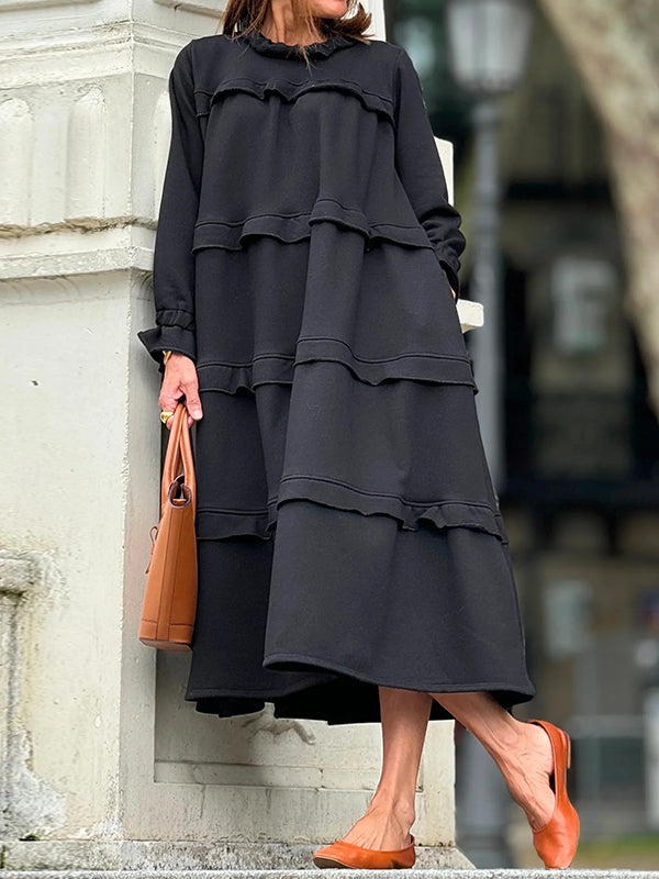 Solid Color A-Line Maxi Dress with Loose Ruffles and Split Joint Round Neck