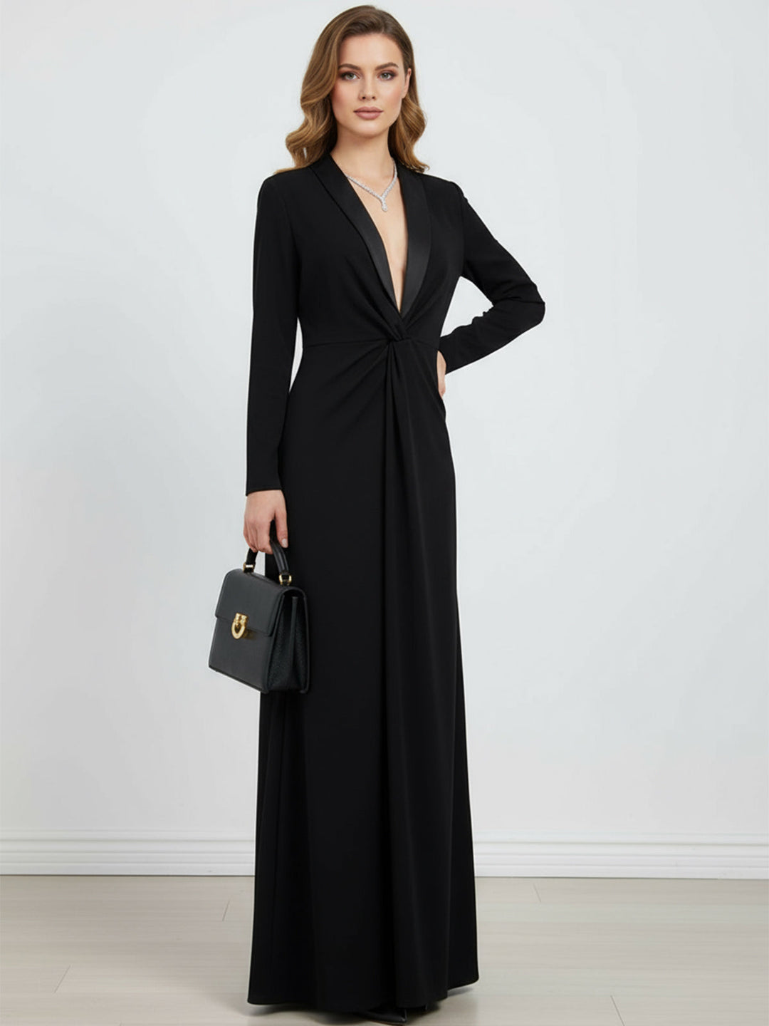 Long Sleeve Solid Color Deep V-Neck Maxi Dress