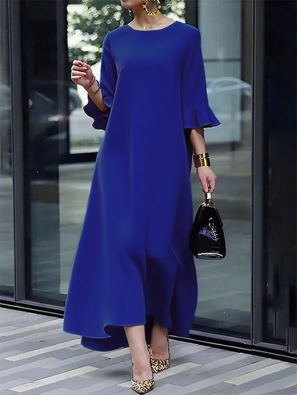 Solid Color Maxi Dress with A-Line Silhouette and Flared Sleeves featuring a Zippered Round Neck
