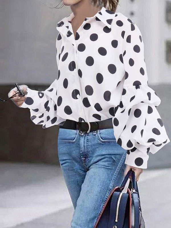 Polka Dot Long Sleeve Loose Fit Button-Up Blouse with Lapel Detail