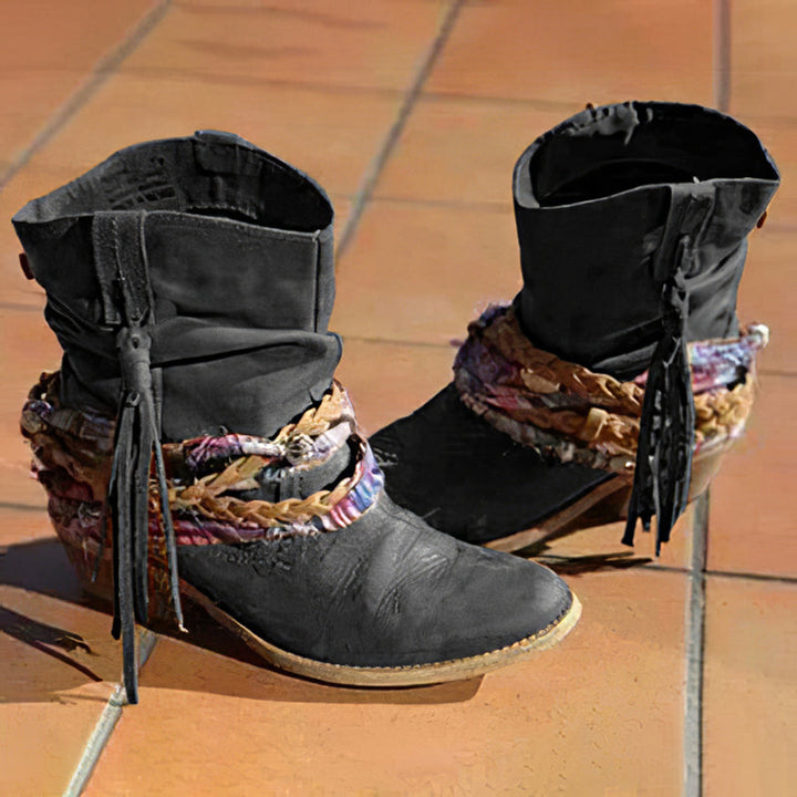Retro Western-Inspired Tassel Ankle Boots