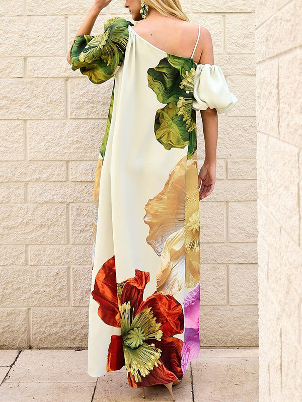 One-Shoulder A-Line Maxi Dress with Loose Fit and Floral Print
