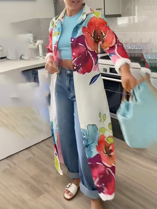 Floral Print Maxi Shirt Dress with Long Sleeves and Button Closure