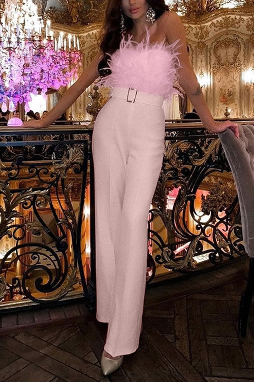 אוברול דק ללא שרוולים, כתפיים אופנתי עם נגיעות נוצות