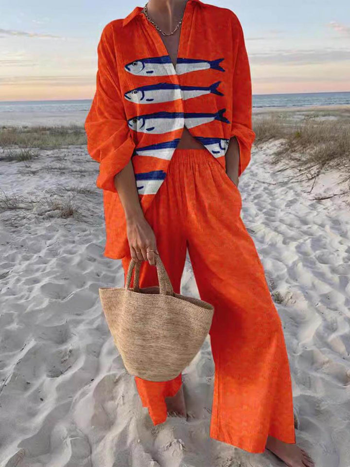 סט חולצה גדולה ומכנסיים רחבים עם הדפס קז'ואל ייחודי