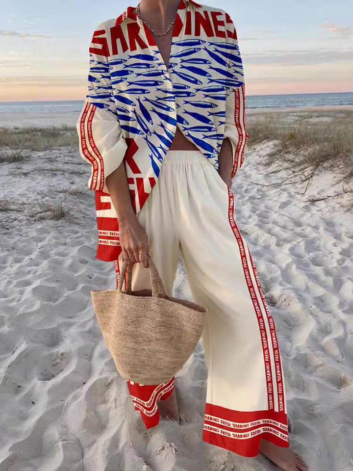 סט חולצה גדולה ומכנסיים רחבים עם הדפס קז'ואל ייחודי