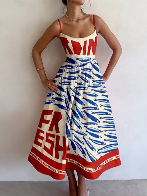 Retro Sardine Print Pinafore Dress