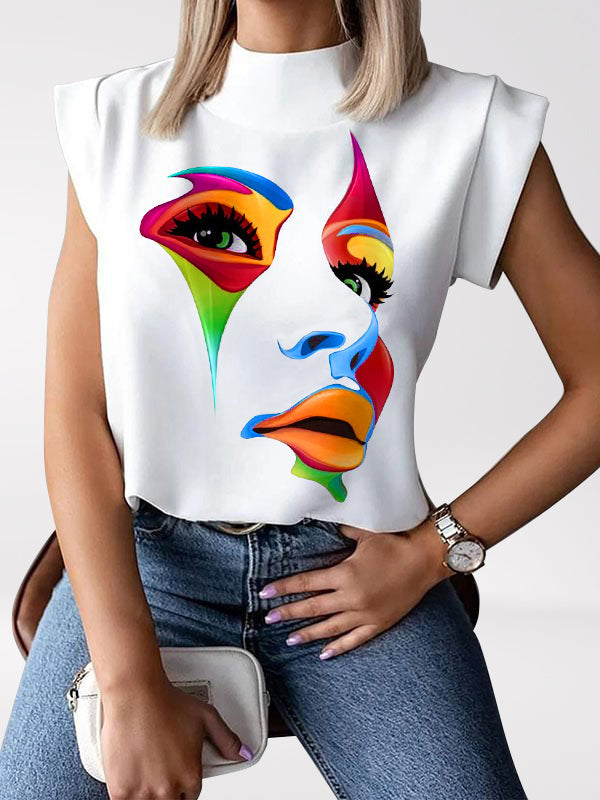 High-Neck Cap Sleeve Loose-Fit Multi-Colored Printed T-Shirt