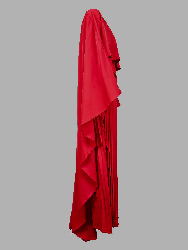 Maxi Evening Dress with Cape, High-Low Pleated Design, Solid Color, and Round Neck