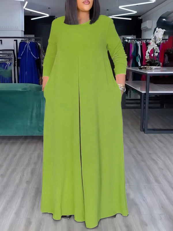 Relaxed Fit Wide Leg Jumpsuit with Pockets and Round Neck
