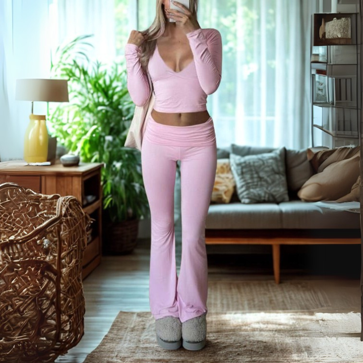 SINA™ - Relaxed V-Neck Long Sleeve Crop Top and Trousers Set