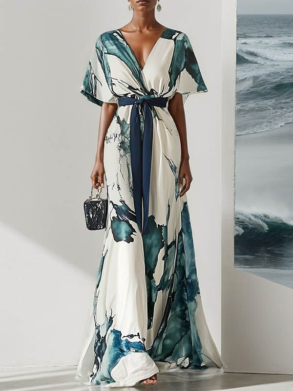 Maxi Evening Dress with Batwing Sleeves, Loose Fit, Printed Design, and Tied Waist