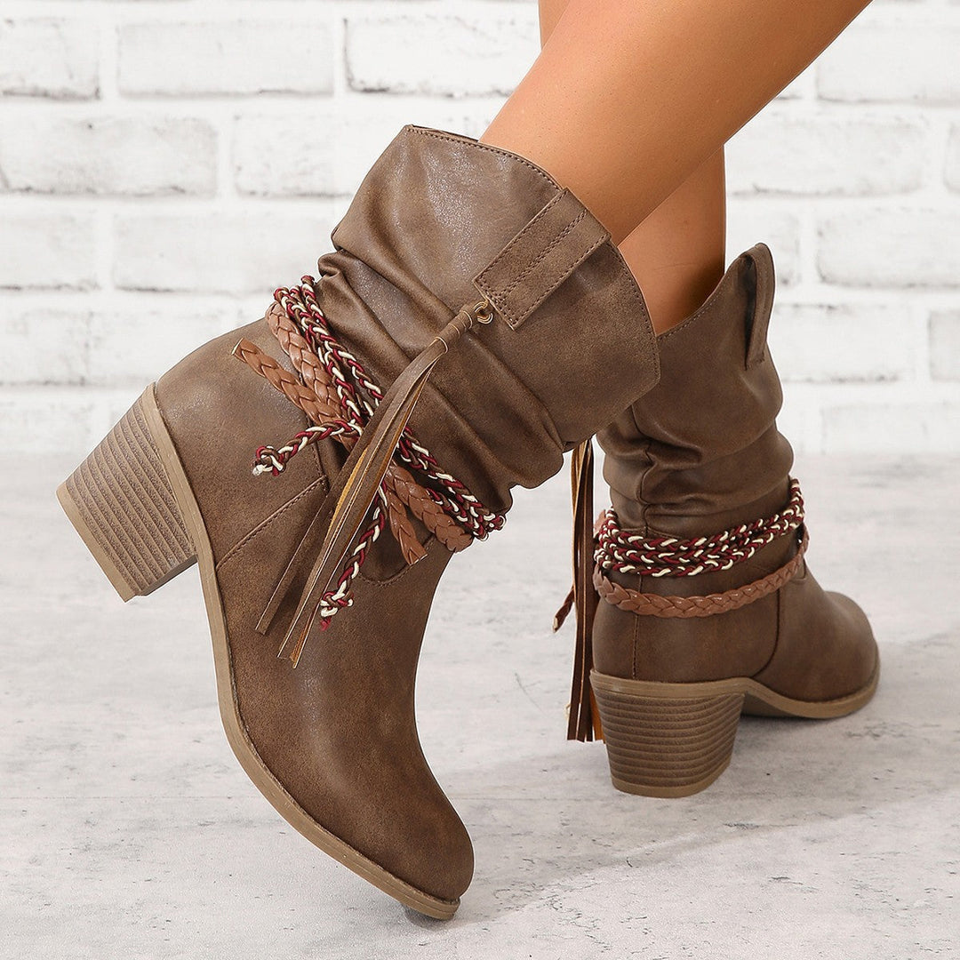 Retro Western Cowboy Ankle Boots with Tassels