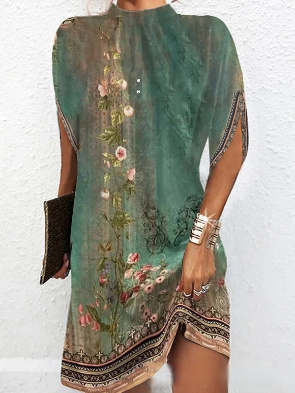 Floral Print Mini Dress with Batwing Sleeves and Round Neck