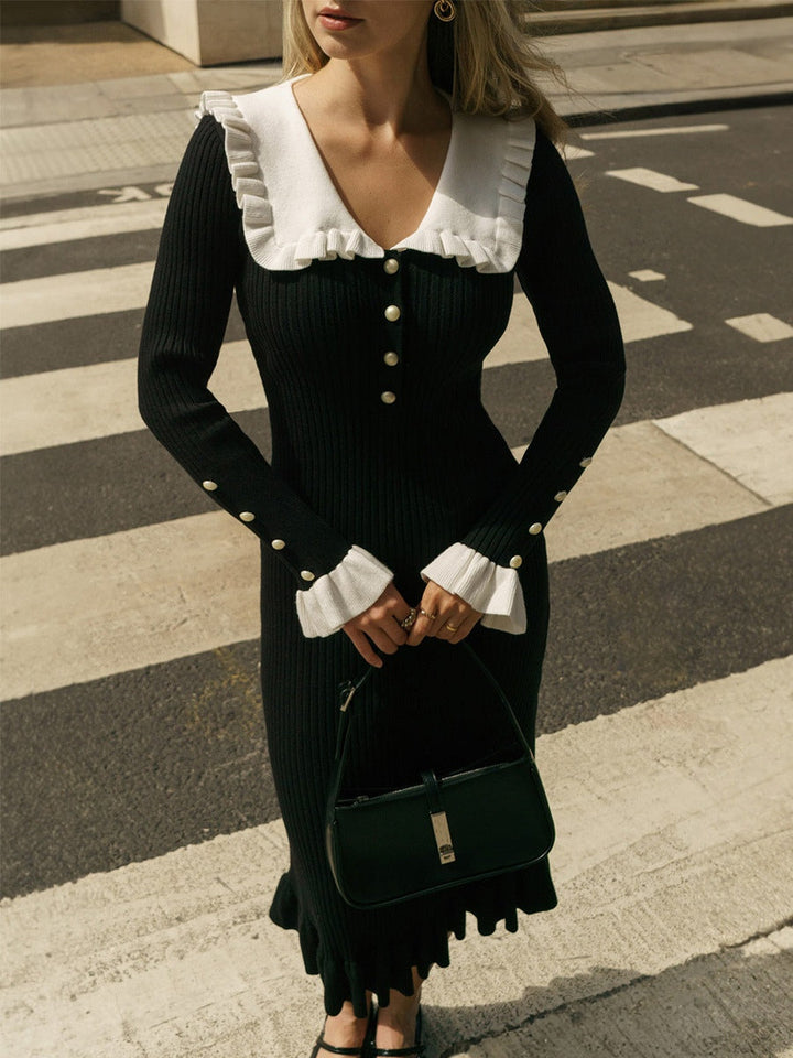 Knitted Midi Dress with Ruffled Long Sleeves
