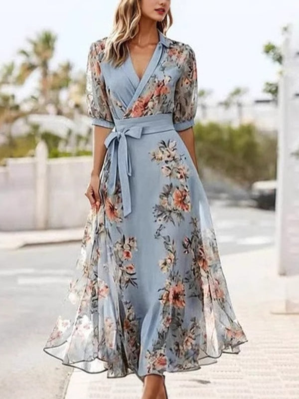 Floral V-Neck Midi Dress with Short Sleeves and Bow Waist
