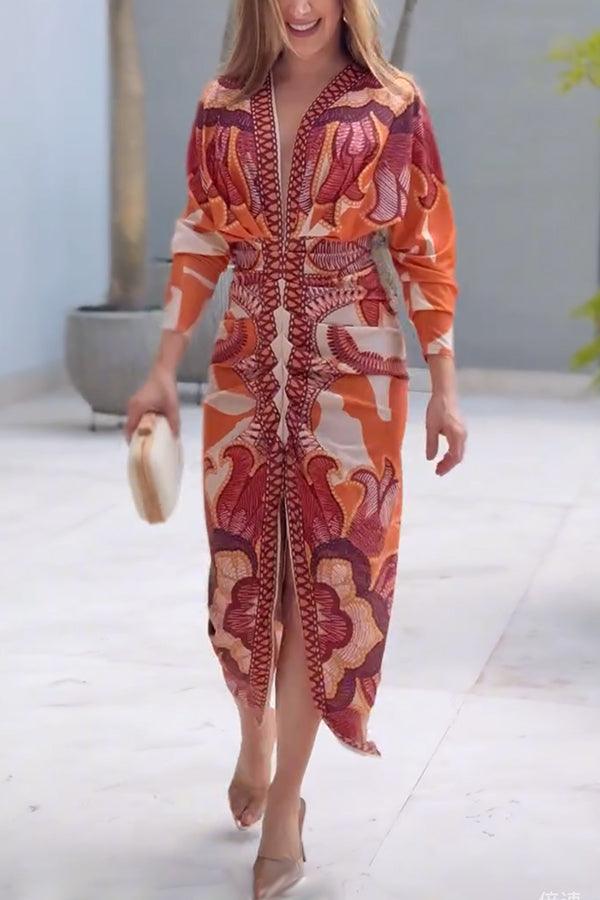 Distinctive Print Long Sleeve Ruched Midi Dress with Slit
