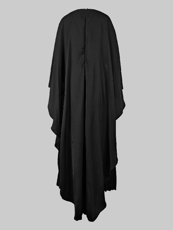 Maxi Evening Dress with Cape, High-Low Pleated Design, Solid Color, and Round Neck
