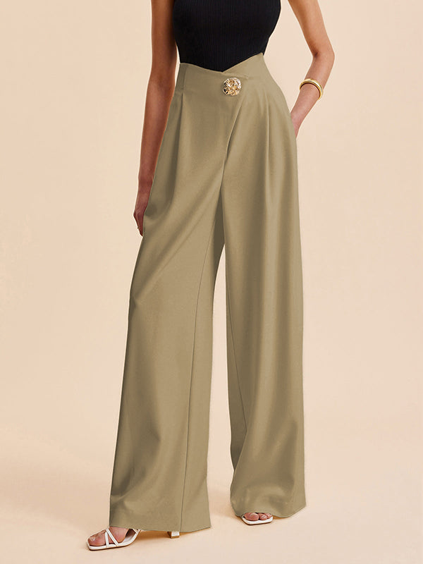 High-Waisted Loose-Fit Buttoned Pleated Solid Pants