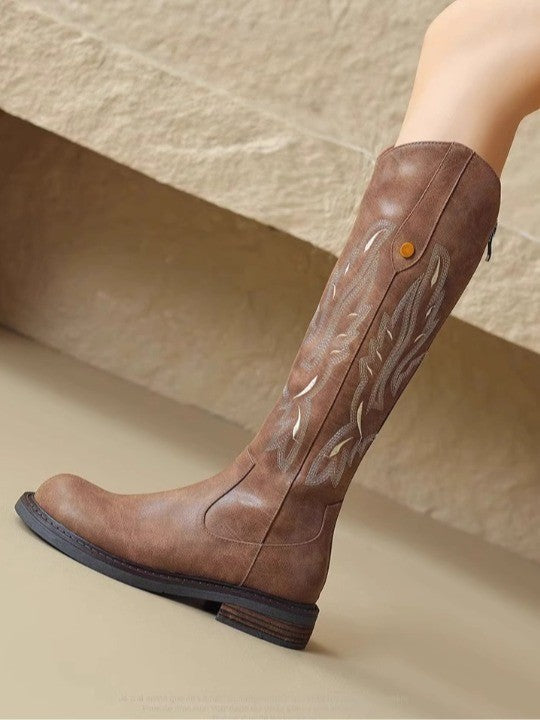 Brown Long Boots with Embroidered Design and Back Zipper