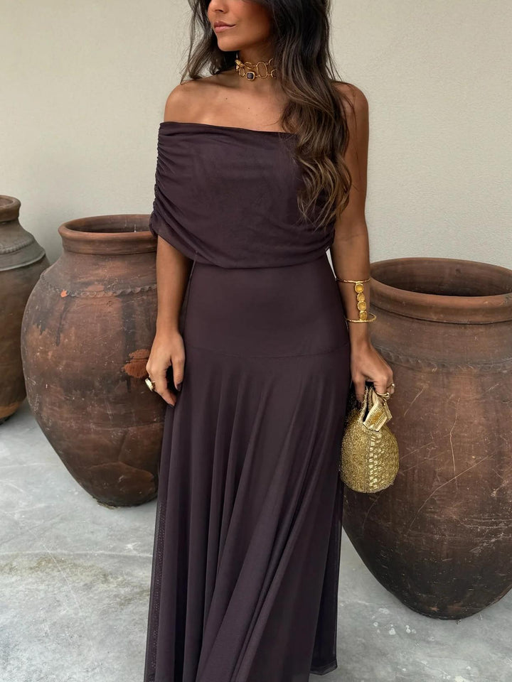 Brown One-Shoulder Mesh Maxi Gown