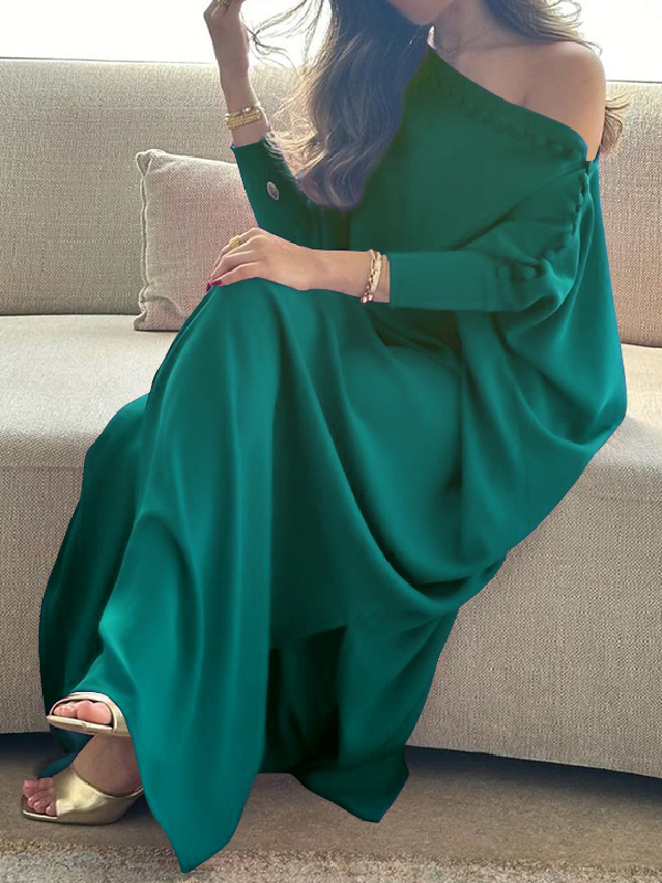 Solid Color Maxi Dresses with Loose Fit and Button Detail