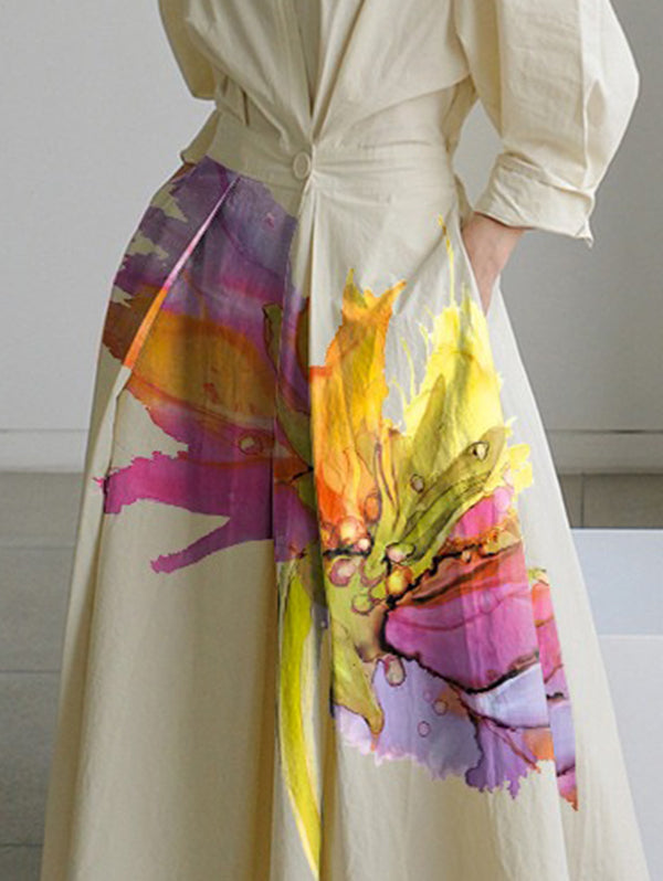 Floral Print Midi Shirt Dress with Long Sleeves, Pleated Design, Tied Waist, and Split-Joint Detail
