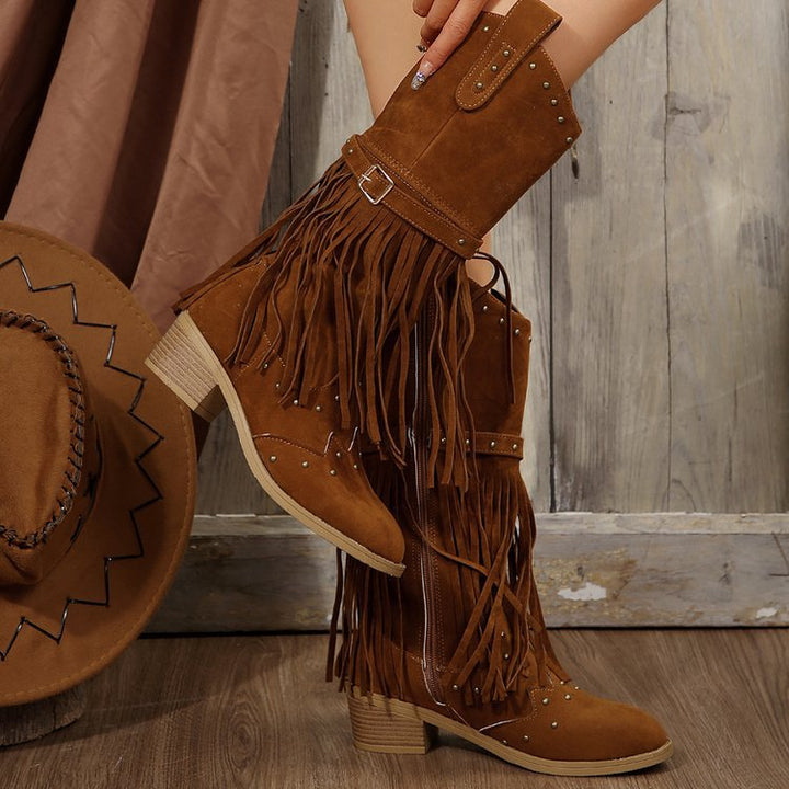 Vintage-Inspired Tassel Rivet Belted Knight Boots