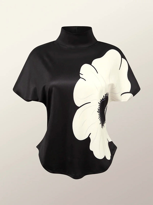 High Neck Floral Print Short Sleeve Slim Fit T-Shirt