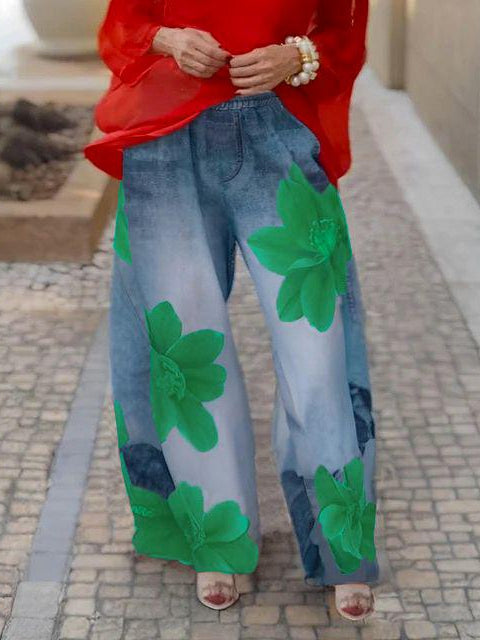 Flowy Wide-Leg Floral Print Jeans
