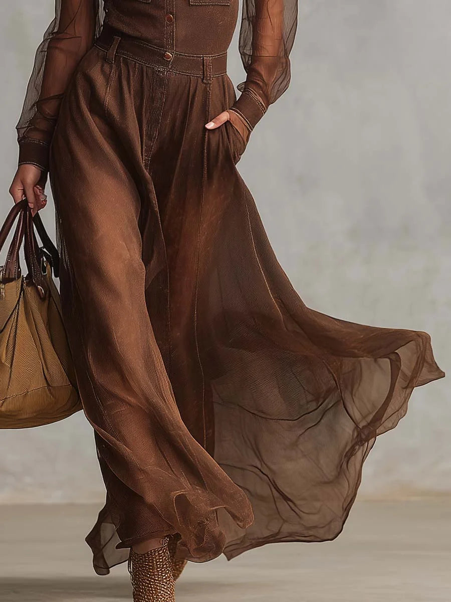 Retro Western-Style Maxi Dress with Front Buttons and Organza Detailing