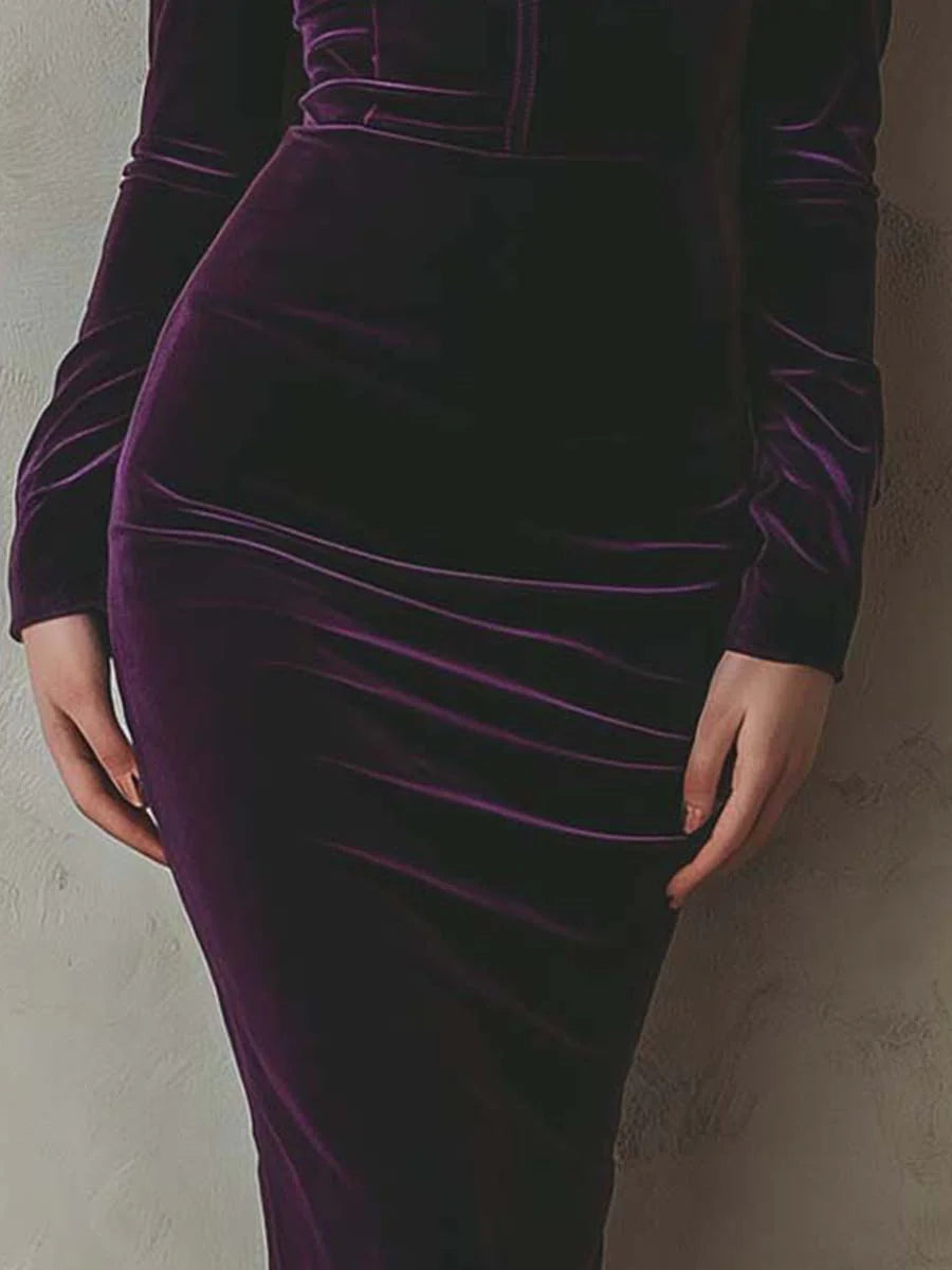 Chic Purple Velvet Slim-Fit Midi Dress with Long Sleeves