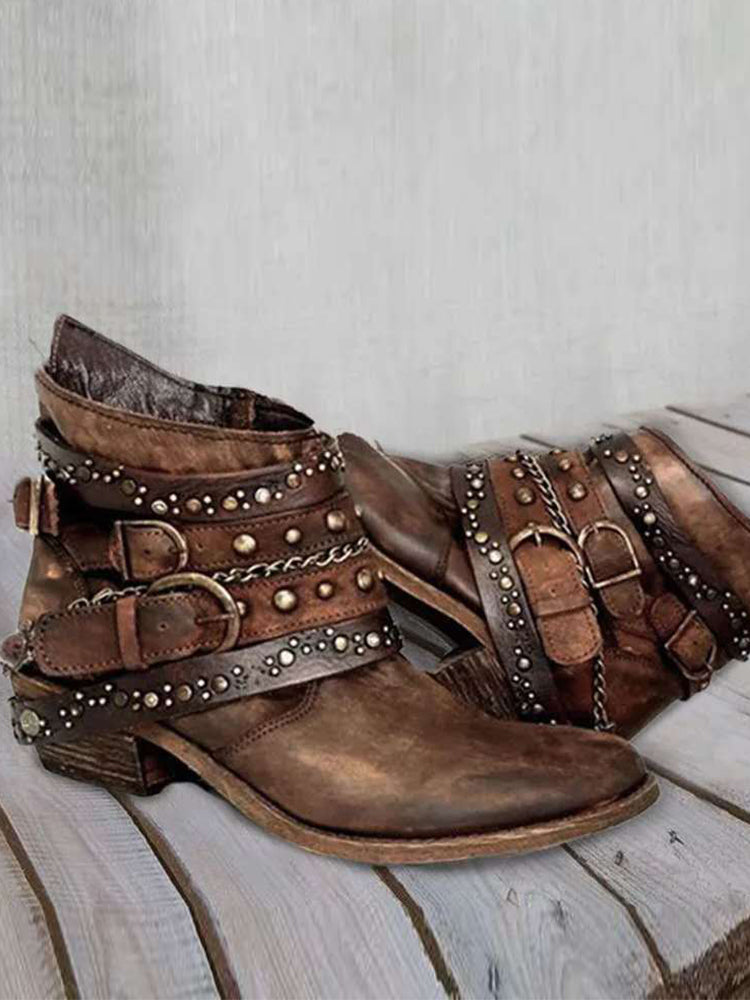 Distressed Studded Buckle Ankle Boots