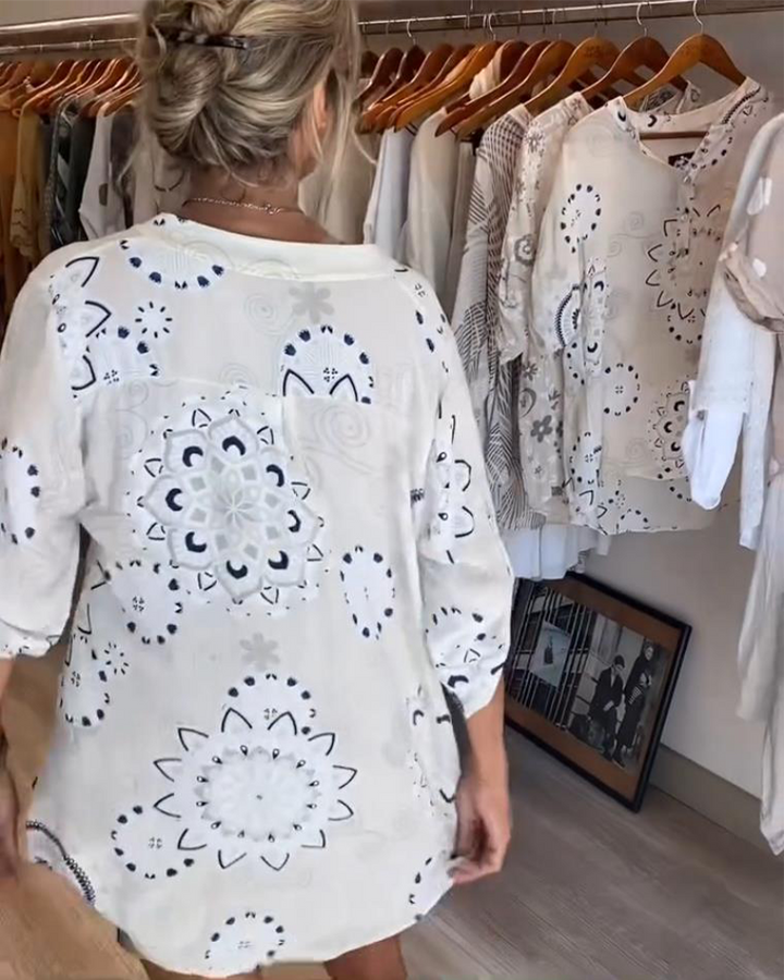 Versatile V-Neck Printed Blouse with Half Sleeves