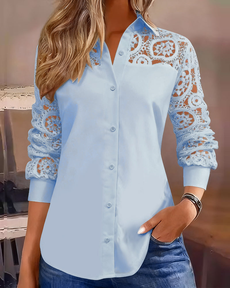 Lace Patchwork Solid Color Lapel Blouse