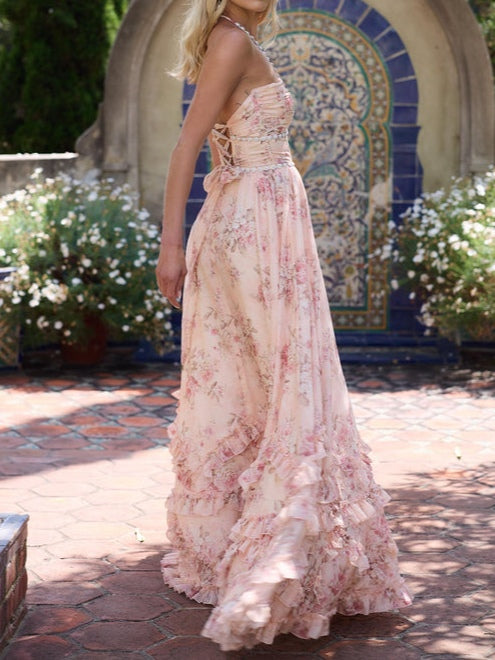 Floral Faux Pearl Trimmed Split Maxi Dress