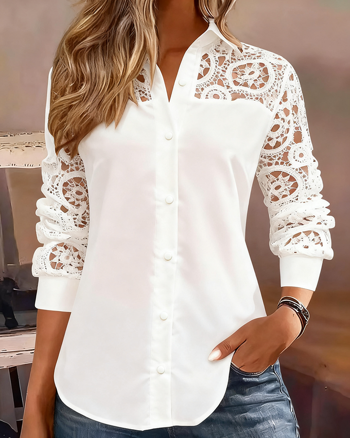 Lace Patchwork Solid Color Lapel Blouse