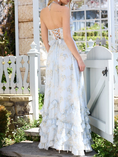 Floral Faux Pearl Trimmed Split Maxi Dress