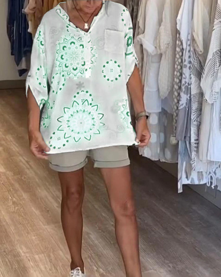 Versatile V-Neck Printed Blouse with Half Sleeves