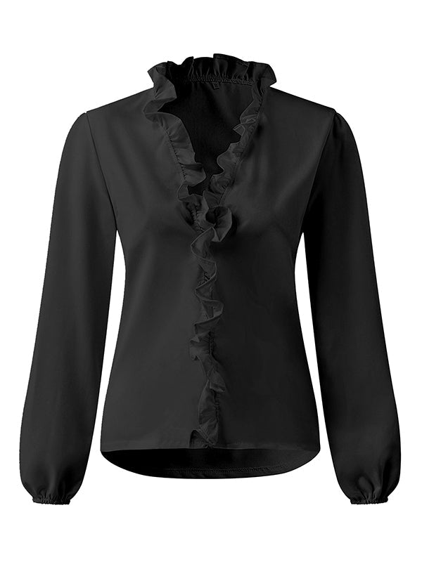 V-Neck Blouses with Puff Sleeves and Ruffled Hem in Solid Colors