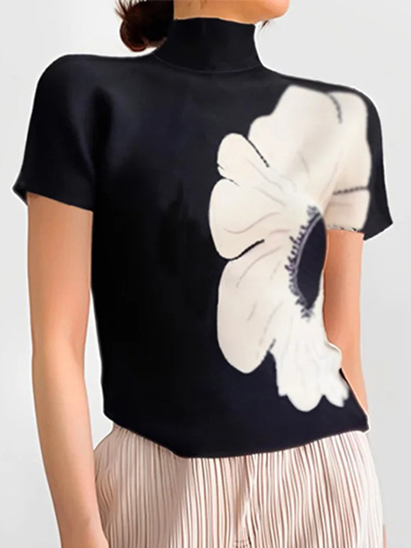High Neck Floral Print Short Sleeve Slim Fit T-Shirt
