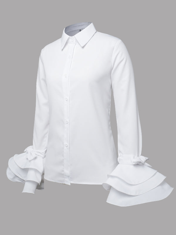 Solid Color Lapel Blouse with Flared Sleeves and Bow Detail