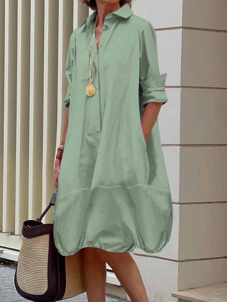 Loose-Fit Midi Shirt Dress with Long Sleeves and Lapel Collar in Solid Colors