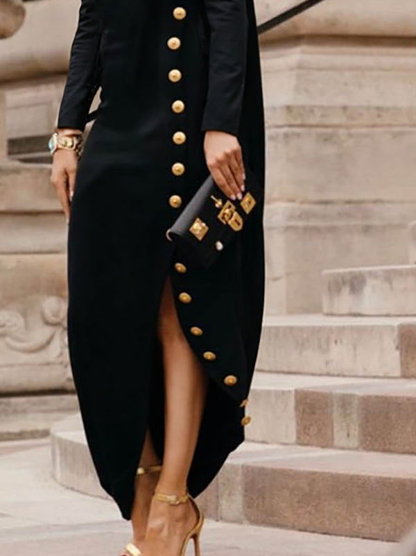 Long Sleeve Loose-Fit Asymmetric Button-Up Mock Neck Maxi Dress with Side Split