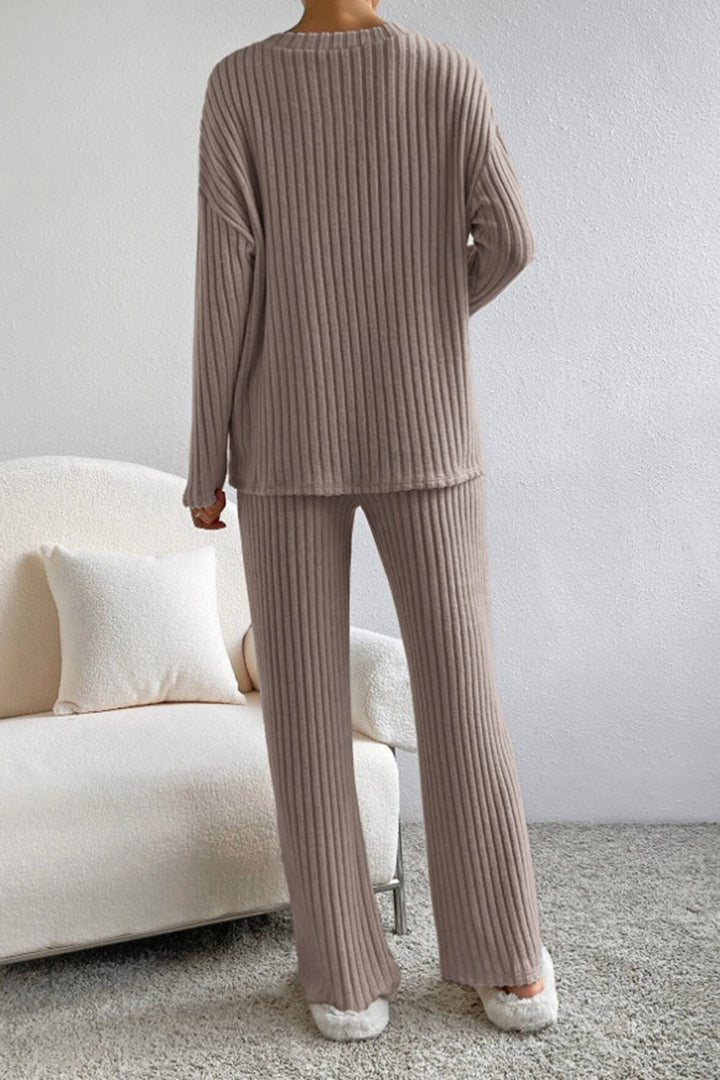 Ribbed V-Neck Top with Matching Pants Set