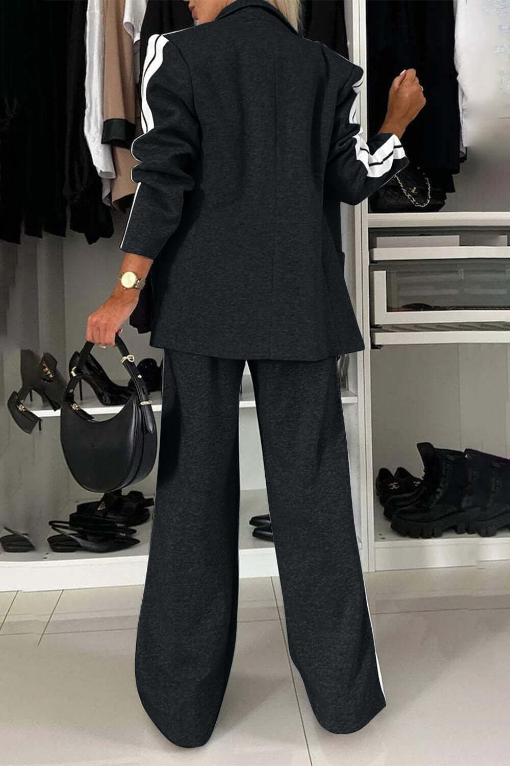 Two-Piece Set: Contrast Lapel Collar Top with Matching Pants